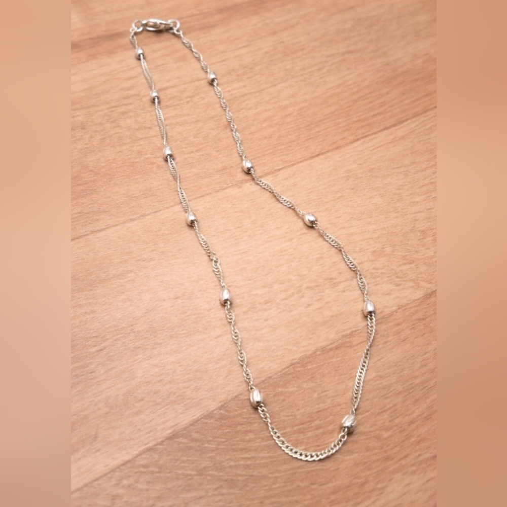 BOGO Vintage Silver Tone Station Necklace w/ Beaded Spacers & Twisted Link Chain